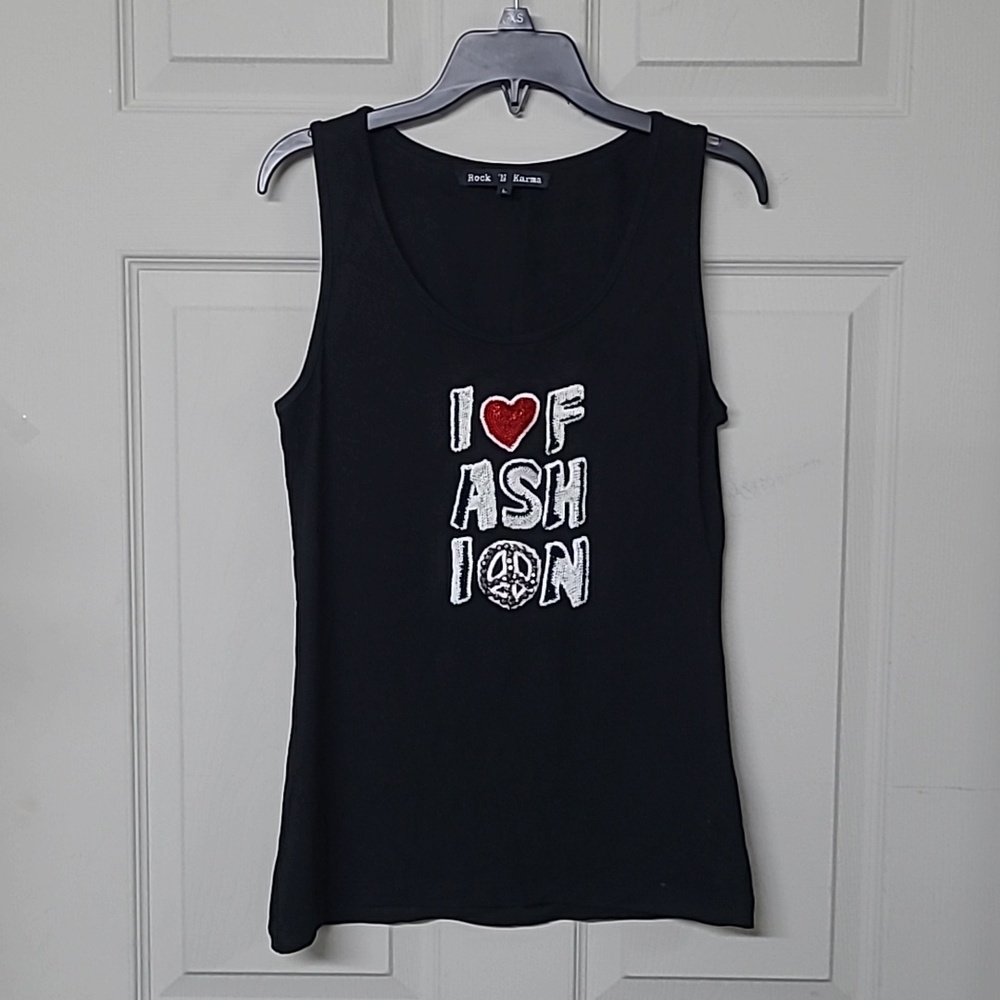 Rock 'N Karma 'I ❤️ FASHI☮️N' Black Tank Top Scoop Neck Sequins Beaded Front L